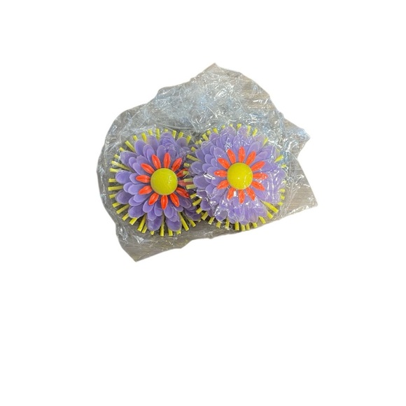 Colorful Flower Clip On Earrings 70s Style - Picture 3 of 3